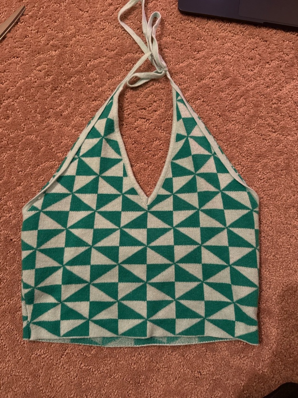 La Hearts Geometric Halter Knit Crop Top - Teal/White